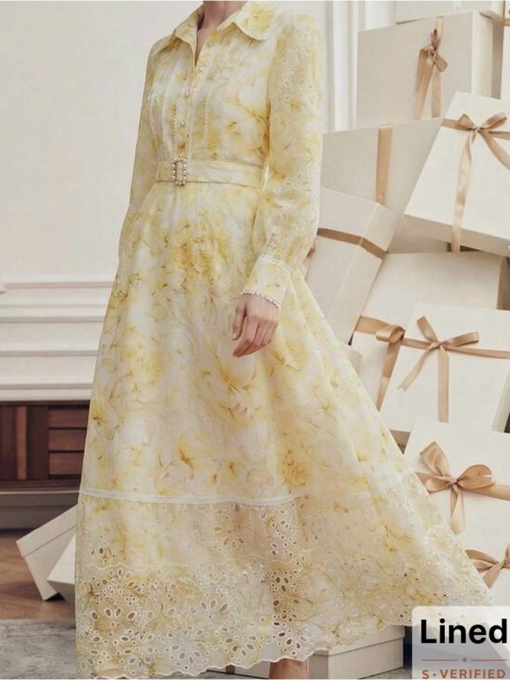 SHEIN Pale Yellow Floral Long Sleeve Lace-Trim Midi Dress